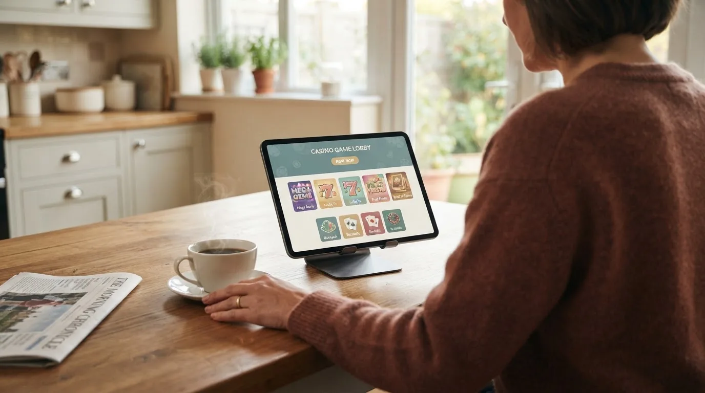 Een persoon bekijkt op een tablet een overzicht van casinospellen aan een keukentafel, met een kop koffie ernaast.