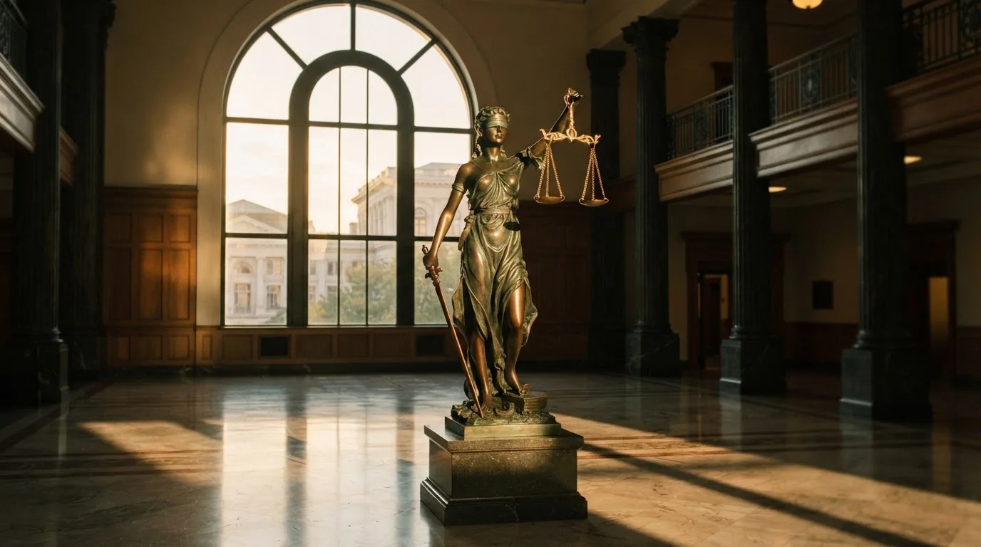 Een bronzen vrouwe Justitia met weegschaal staat voor een grote raampartij in een statig gerechtsgebouw, met zacht ochtendlicht.