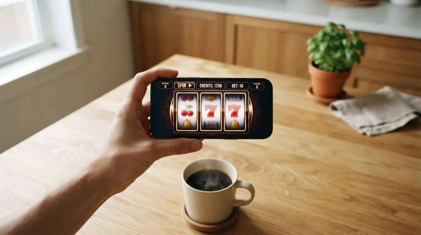 Een hand houdt een smartphone vast boven een houten tafel met een kopje koffie ernaast, in zacht daglicht.
