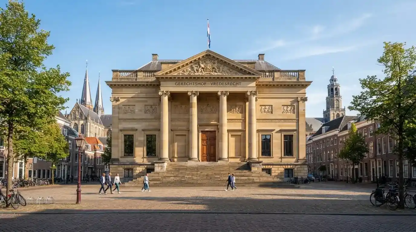 Een statig gerechtsgebouw met brede trappen en zuilen staat onder een heldere hemel in een Nederlandse stad.