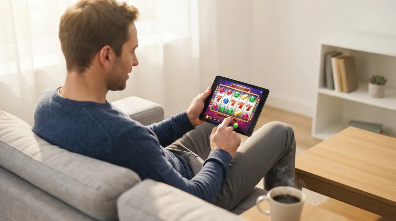 Een man bekijkt ontspannen een tablet op de bank in een lichte woonkamer met een kop koffie op de salontafel.