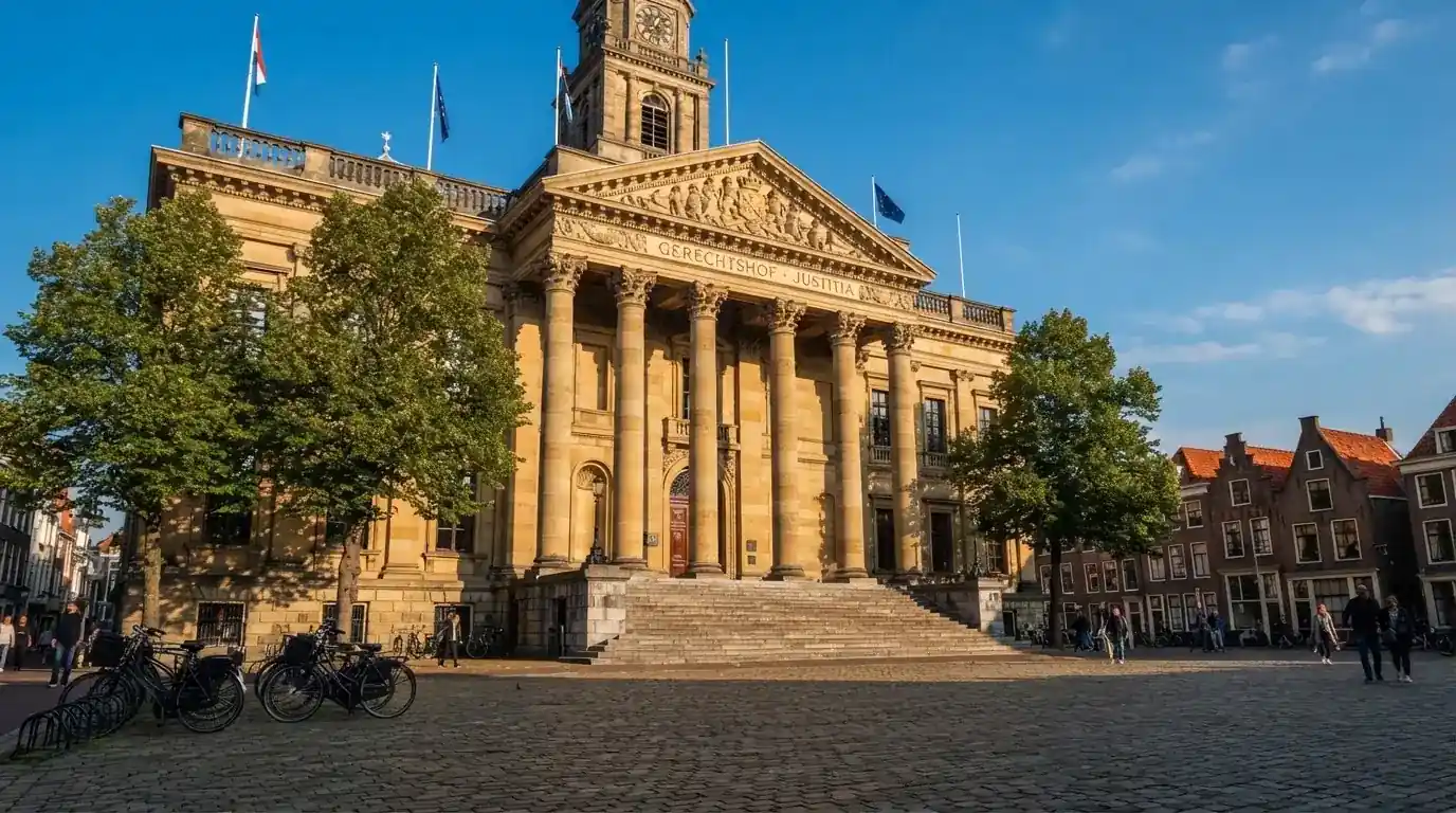 Een klassiek gerechtsgebouw met hoge zuilen staat onder een blauwe lucht in een Nederlandse binnenstad.