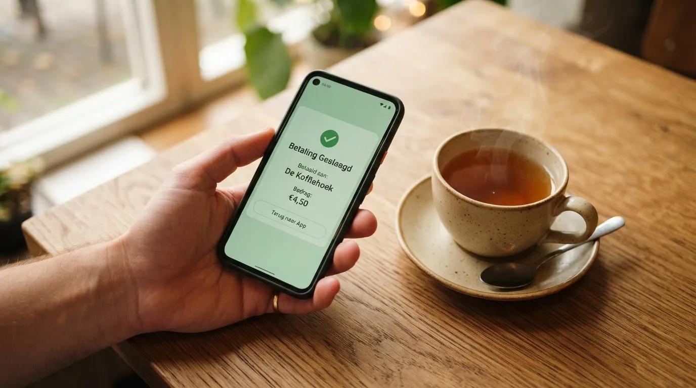 Een hand houdt een smartphone vast boven een houten tafel met een kopje thee ernaast, in zacht daglicht.