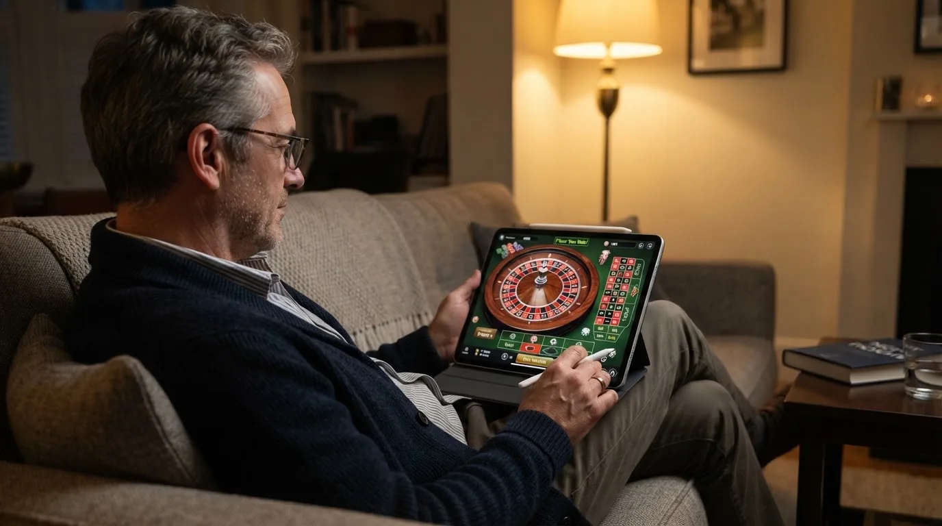 Een man bekijkt laat op de avond een tablet op de bank, verlicht door een staande lamp in een rustige woonkamer.