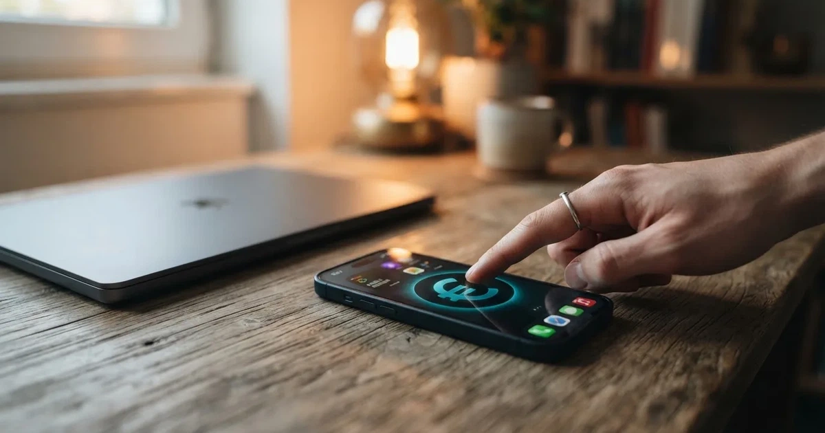 Een hand tikt op een smartphone naast een gesloten laptop op een houten bureau, in zacht daglicht.