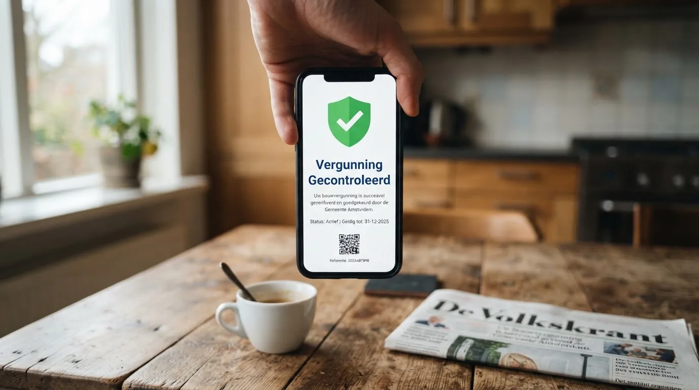 Een hand houdt een smartphone vast boven een houten tafel met een kopje koffie ernaast, in zacht daglicht.