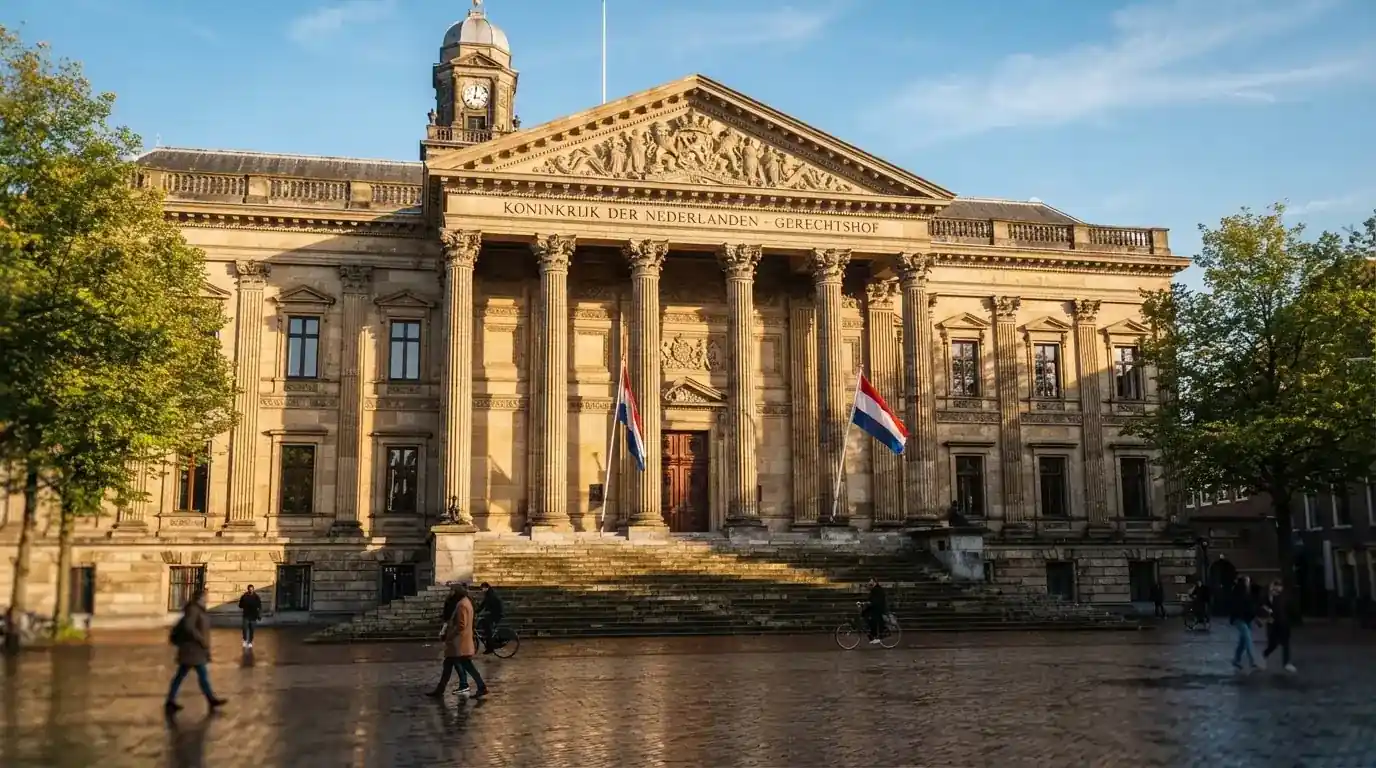 Een statig gerechtsgebouw met brede trappen en zuilen staat onder een heldere hemel in een Nederlandse stad.