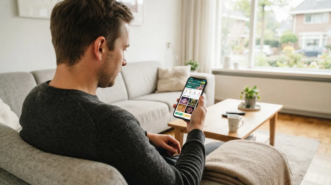Een man bekijkt ontspannen zijn telefoon op de bank in een lichte woonkamer met een kop koffie op de salontafel.