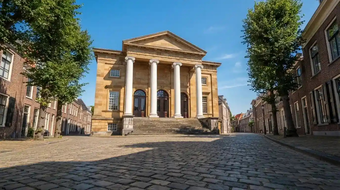 Een klassiek gerechtsgebouw met zuilen staat onder een blauwe lucht in een rustige Nederlandse stad.