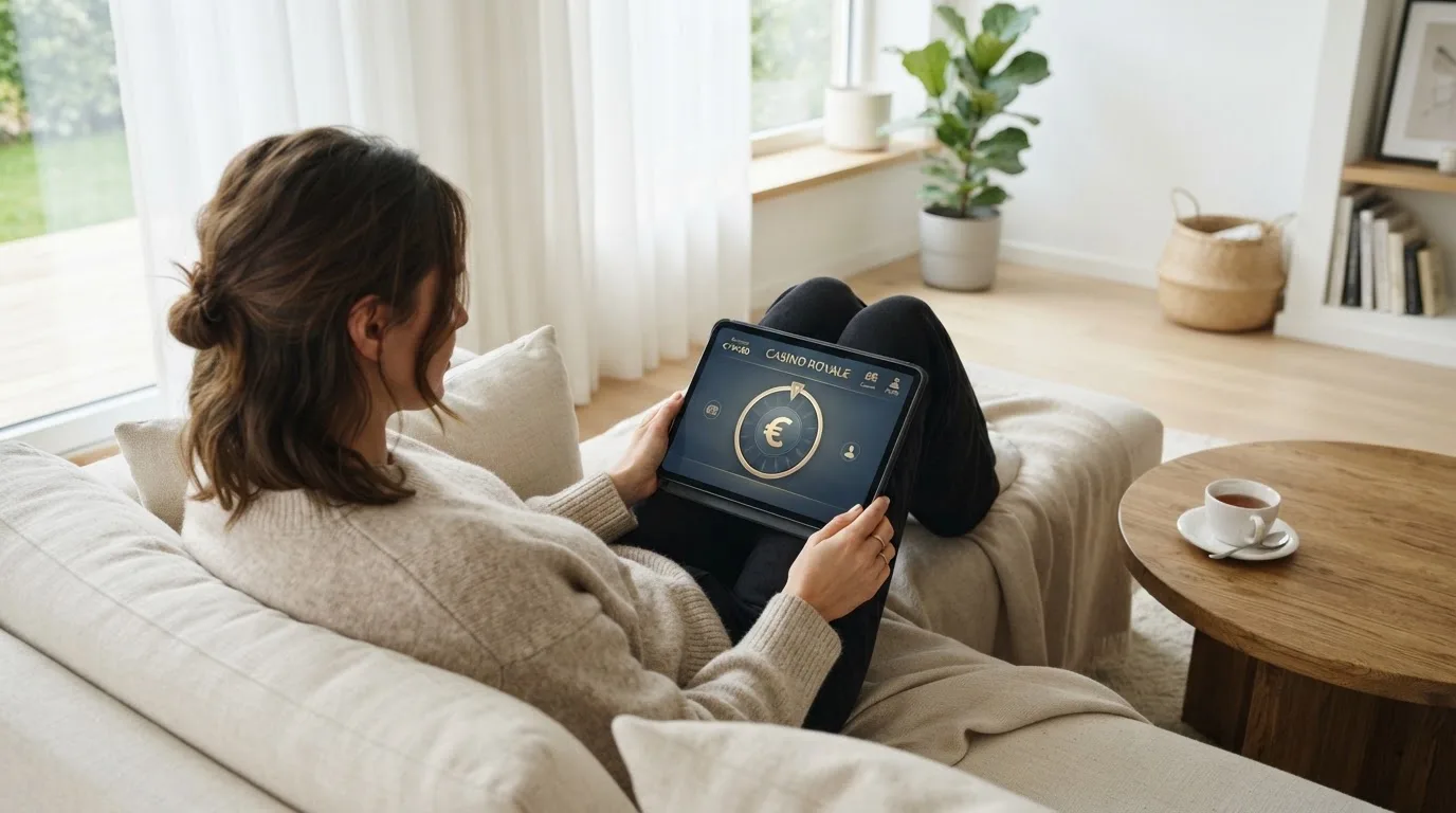 Een vrouw bekijkt ontspannen een tablet op de bank in een lichte woonkamer met een kop thee op de salontafel.
