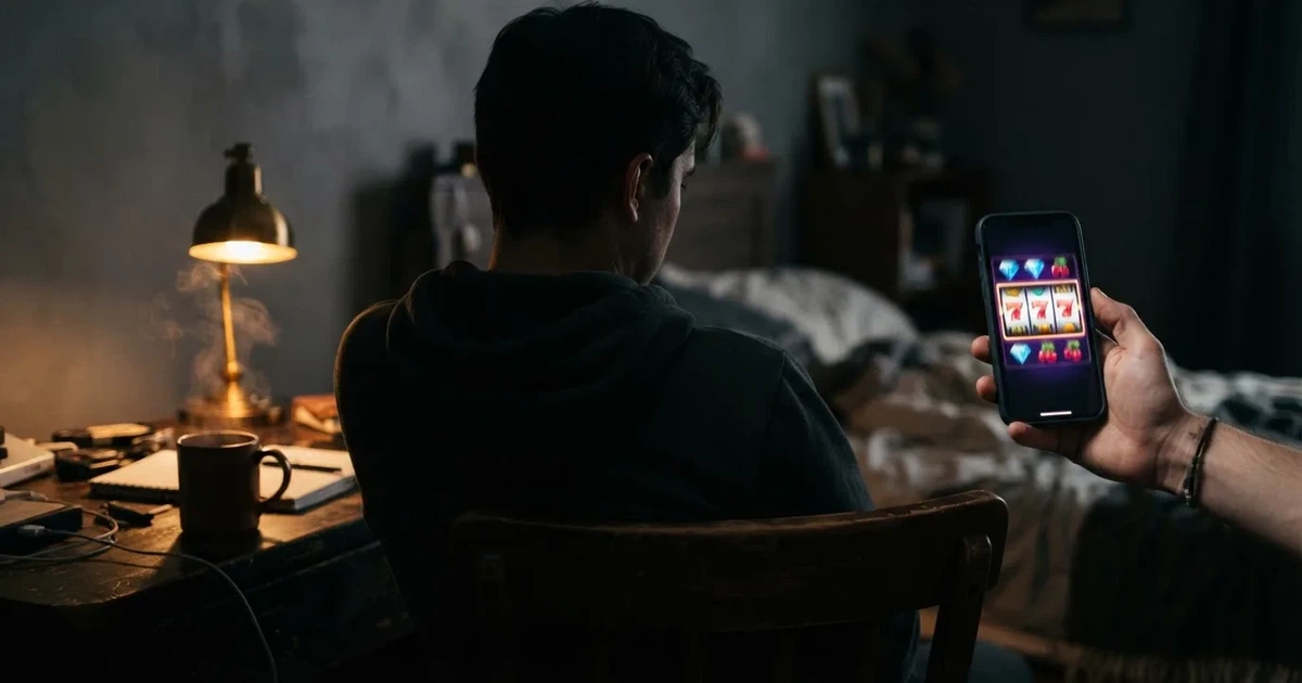 Een speler kijkt geconcentreerd naar een smartphone in een schaars verlichte kamer, met een kop koffie naast de hand.