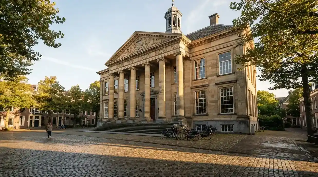 Een klassiek gerechtsgebouw met hoge zuilen staat onder een heldere hemel in een Nederlandse stad.