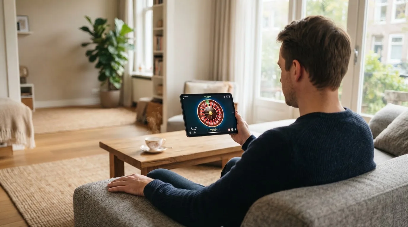 Een man bekijkt ontspannen een tablet op de bank in een lichte woonkamer met een kop thee op de salontafel.