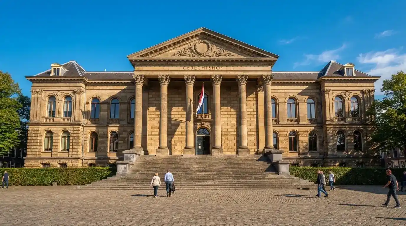 Een statig gerechtsgebouw met brede trappen en zuilen staat onder een blauwe hemel in een Nederlandse stad.
