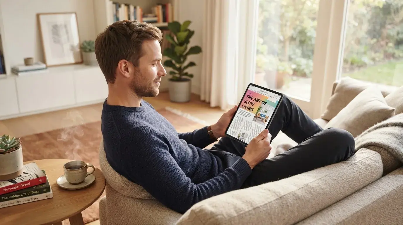 Een man bekijkt ontspannen een tablet op de bank in een lichte woonkamer met een kop koffie op de salontafel.
