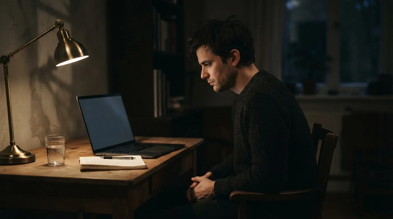 Een persoon zit alleen aan een bureau en kijkt peinzend naar een laptop met het scherm uit, in gedimd licht.
