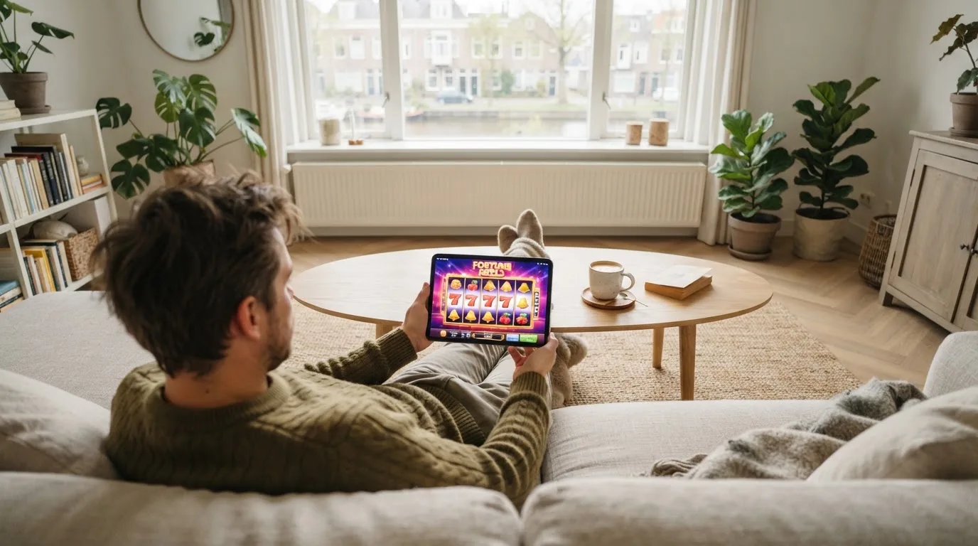 Een man bekijkt ontspannen een tablet op de bank in een lichte woonkamer met een kop koffie op de salontafel.