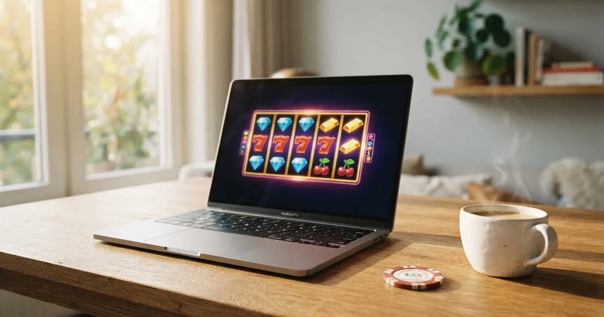 Een laptop met gesloten deksel staat naast een kopje koffie op een houten bureau, in zacht ochtendlicht.