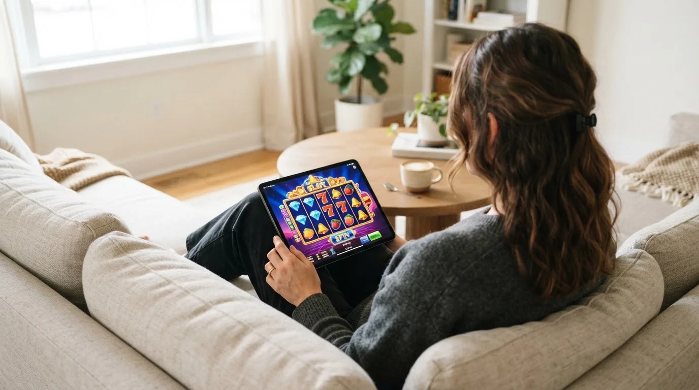 Een vrouw bekijkt ontspannen een tablet op de bank in een lichte woonkamer met een kop koffie op de salontafel.