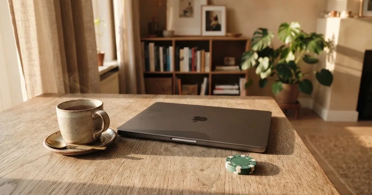 Een laptop met gesloten deksel staat naast een kopje thee op een houten bureau, in zacht ochtendlicht.