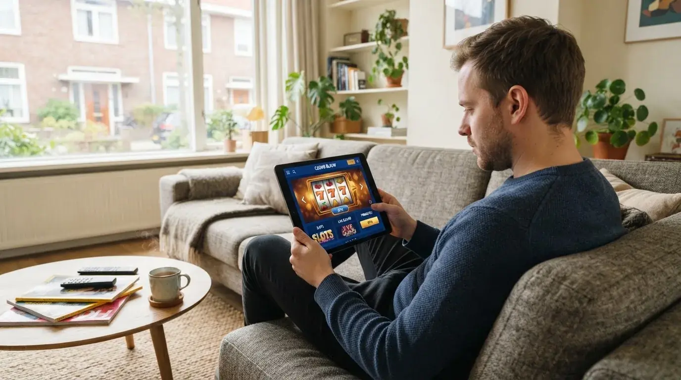 Een man bekijkt ontspannen een tablet op de bank in een lichte woonkamer met een kop thee op de salontafel.