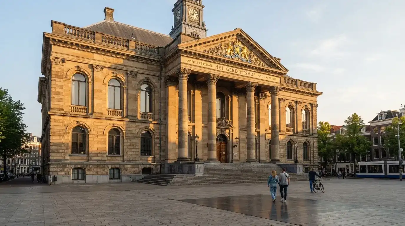 Een klassiek gerechtsgebouw met hoge zuilen staat onder een heldere hemel in een Nederlandse stad.