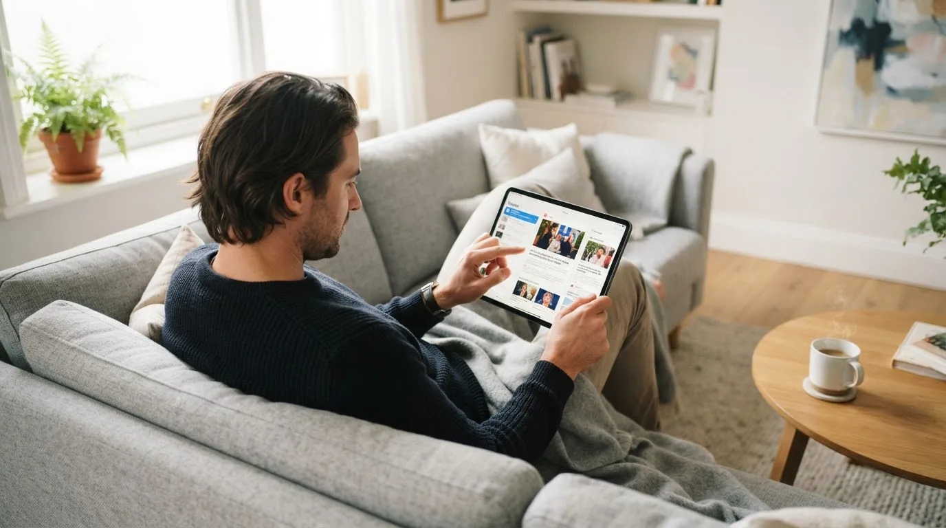 Een man bekijkt ontspannen een tablet op de bank in een lichte woonkamer met een kop koffie op de salontafel.