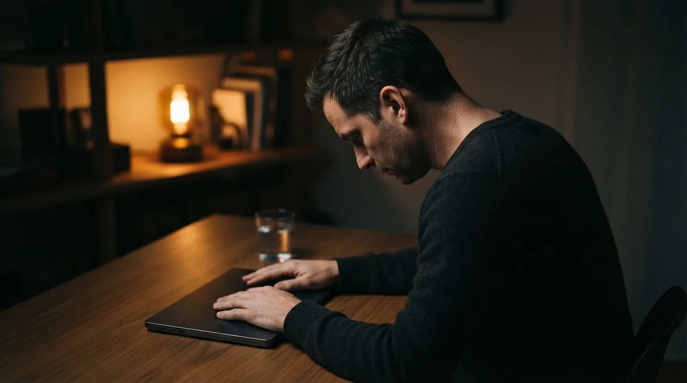 Een persoon zit alleen aan een bureau en kijkt peinzend naar een laptop met het scherm uit, in gedimd licht.