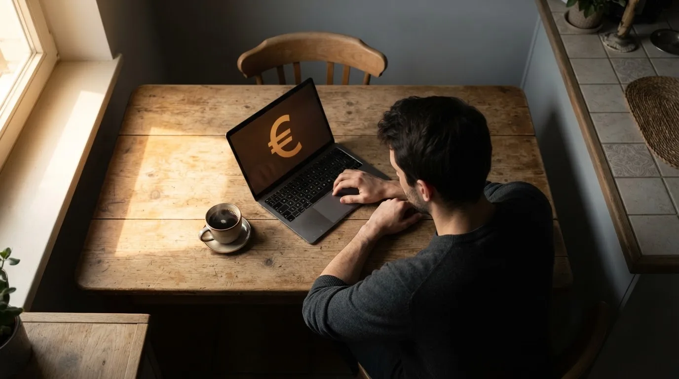 Een persoon zit alleen aan een keukentafel en kijkt peinzend naar een laptop, met een kop koffie ernaast in het vroege ochtendlicht.
