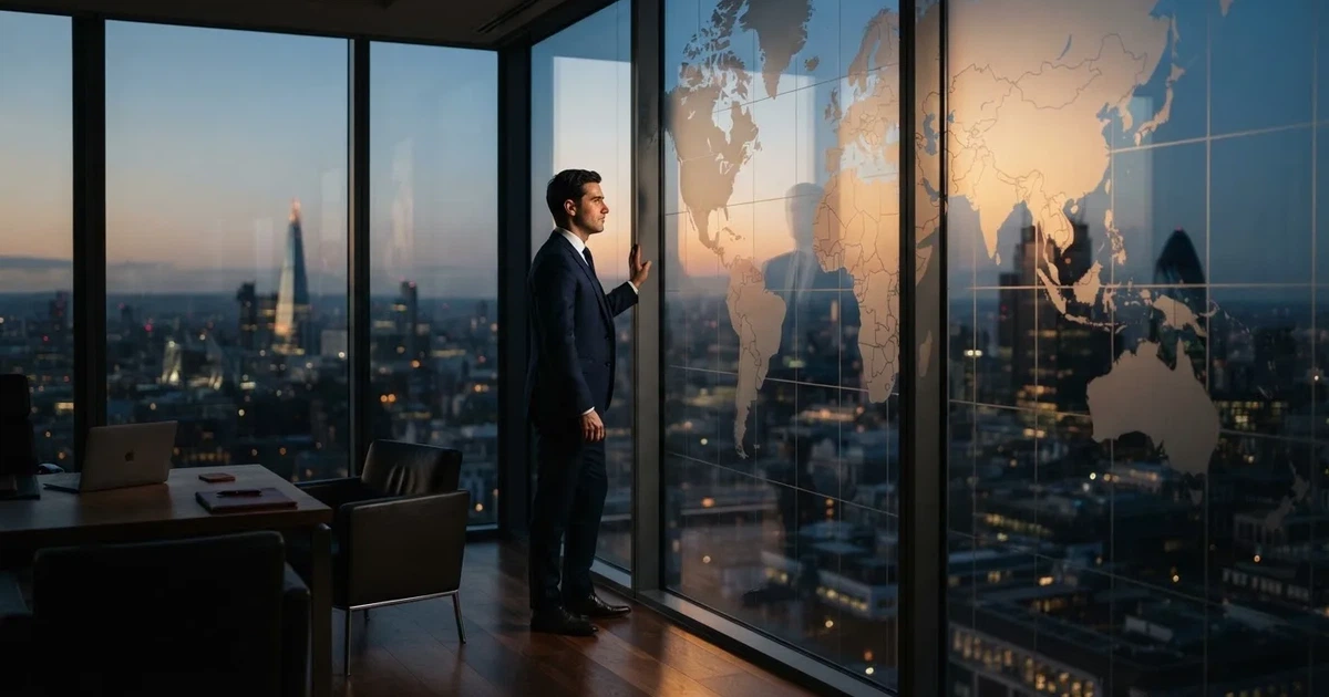 Een jurist in kostuum staat voor een grote glazen wand met een wereldkaart in een modern kantoor tijdens de avondschemering.