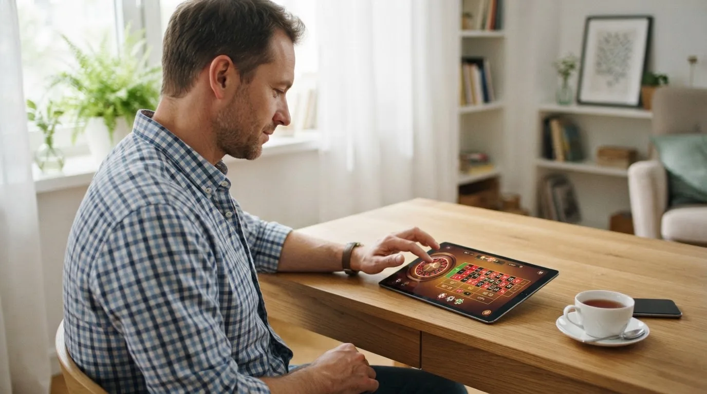 Een man zit aan een bureau in een lichte woonkamer en kijkt naar het scherm van een tablet die naast een kop thee ligt.