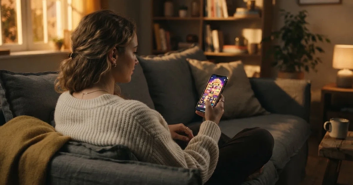 Een jonge vrouw ontspant op de bank met haar smartphone in de hand, terwijl er 's avonds zacht licht door het raam valt.
