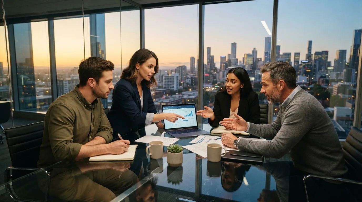 Een klein team overlegt rond een tafel in een glazen vergaderruimte met uitzicht op een stedelijke skyline bij zonsondergang.