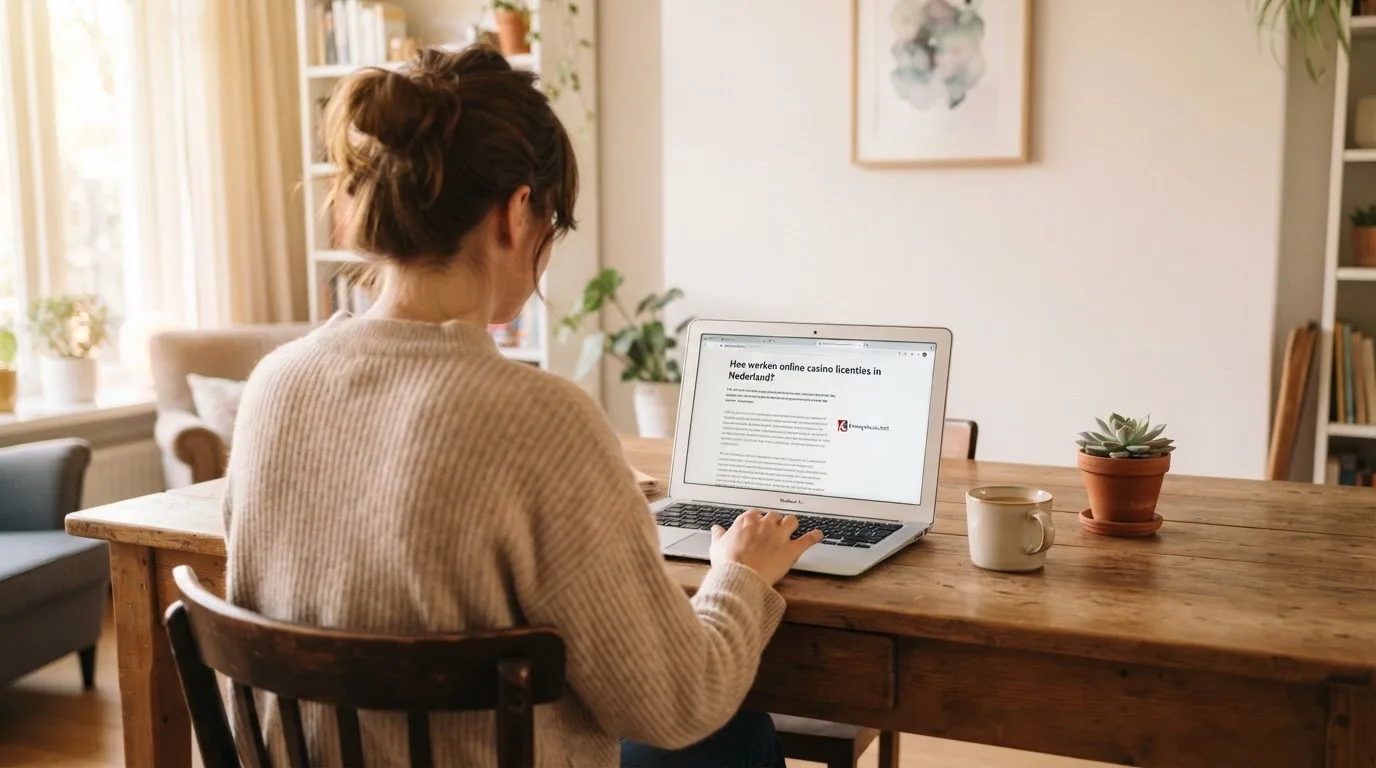 Een vrouw zit aan een houten bureau en bekijkt rustig het scherm van een laptop in een lichte woonkamer.