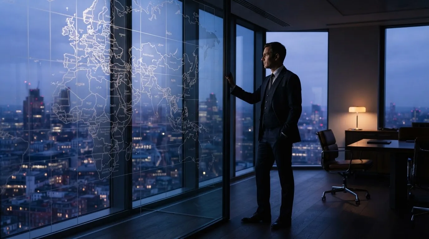 Een jurist in kostuum staat voor een grote glazen wand met een wereldkaart in een modern kantoor tijdens de avondschemering.