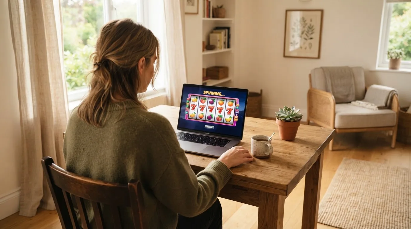 Een vrouw zit aan een houten bureau en bekijkt rustig het scherm van een laptop in een lichte woonkamer.
