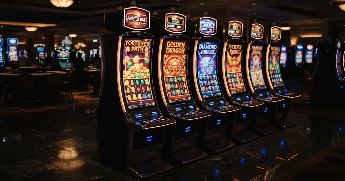 Een close-up van kleurrijke gokkasten met knipperende lichten in een schemerig casino, zonder zichtbare spelers of tekst.
