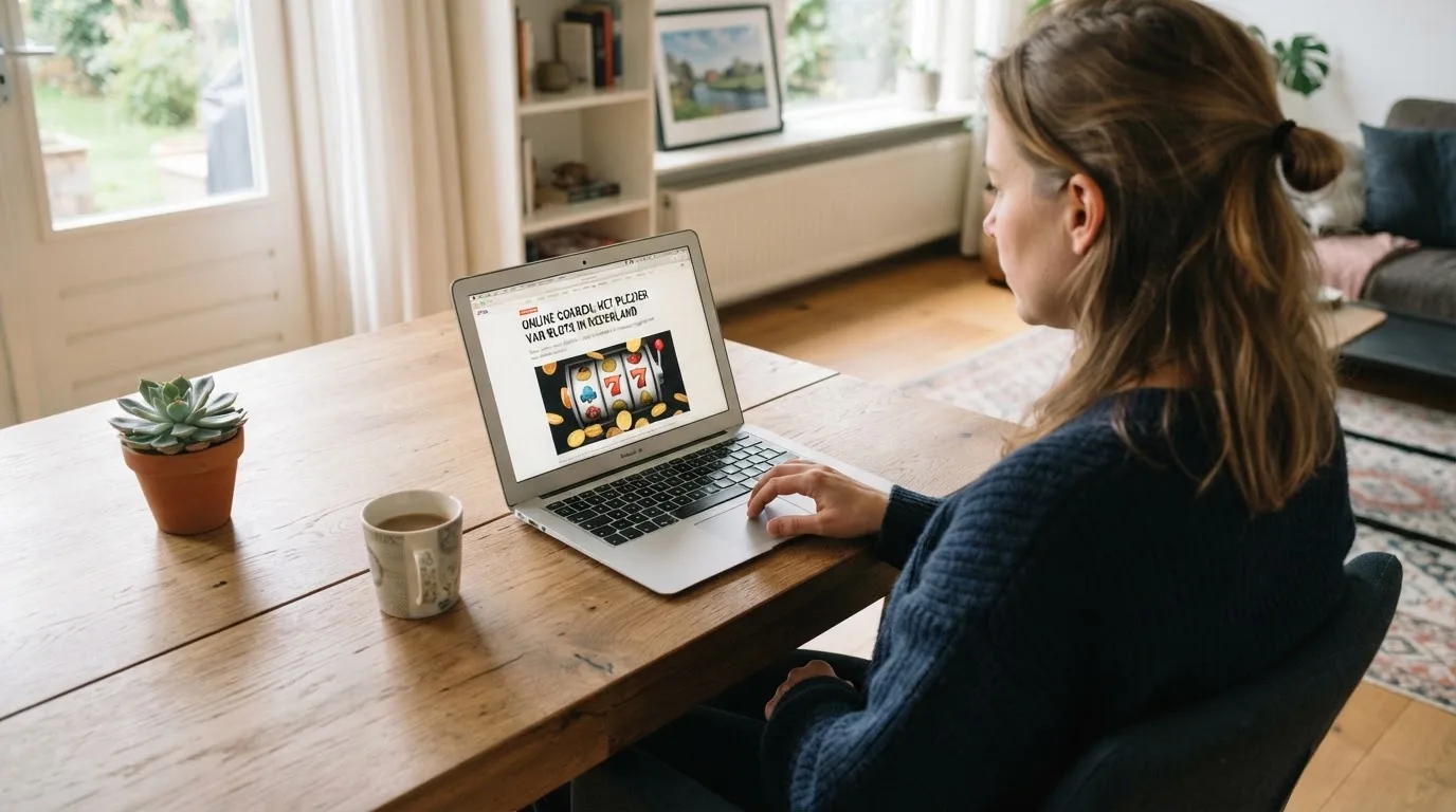 Een vrouw zit aan een houten bureau en bekijkt rustig het scherm van een laptop in een lichte woonkamer.