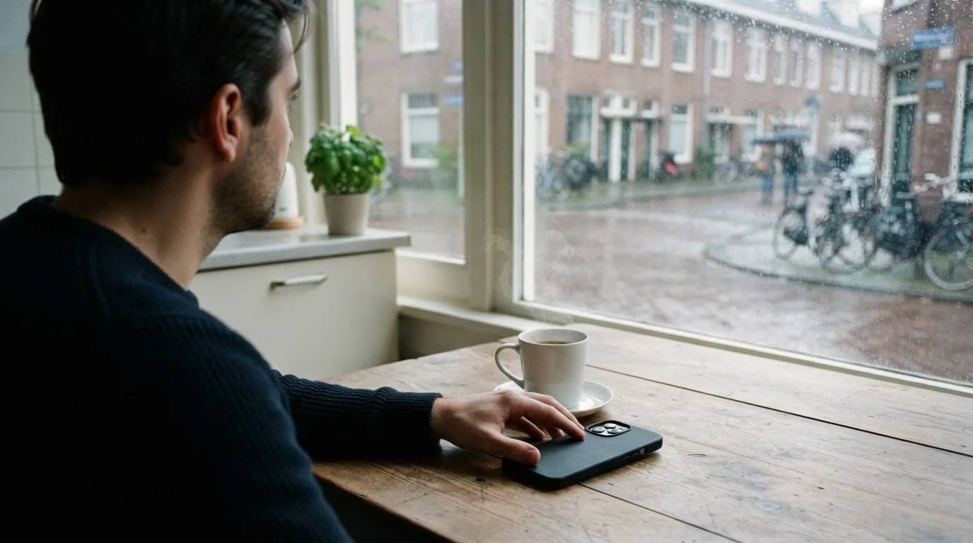 Een man legt zijn telefoon rustig weg en kijkt uit het raam met een kop koffie op tafel.