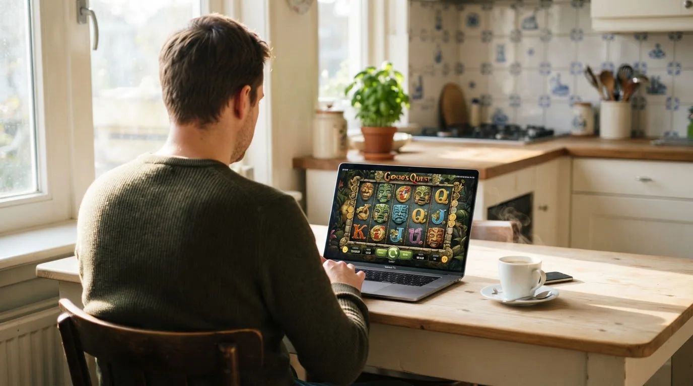 Een man zit thuis aan tafel met een kop koffie en bekijkt rustig zijn laptop.