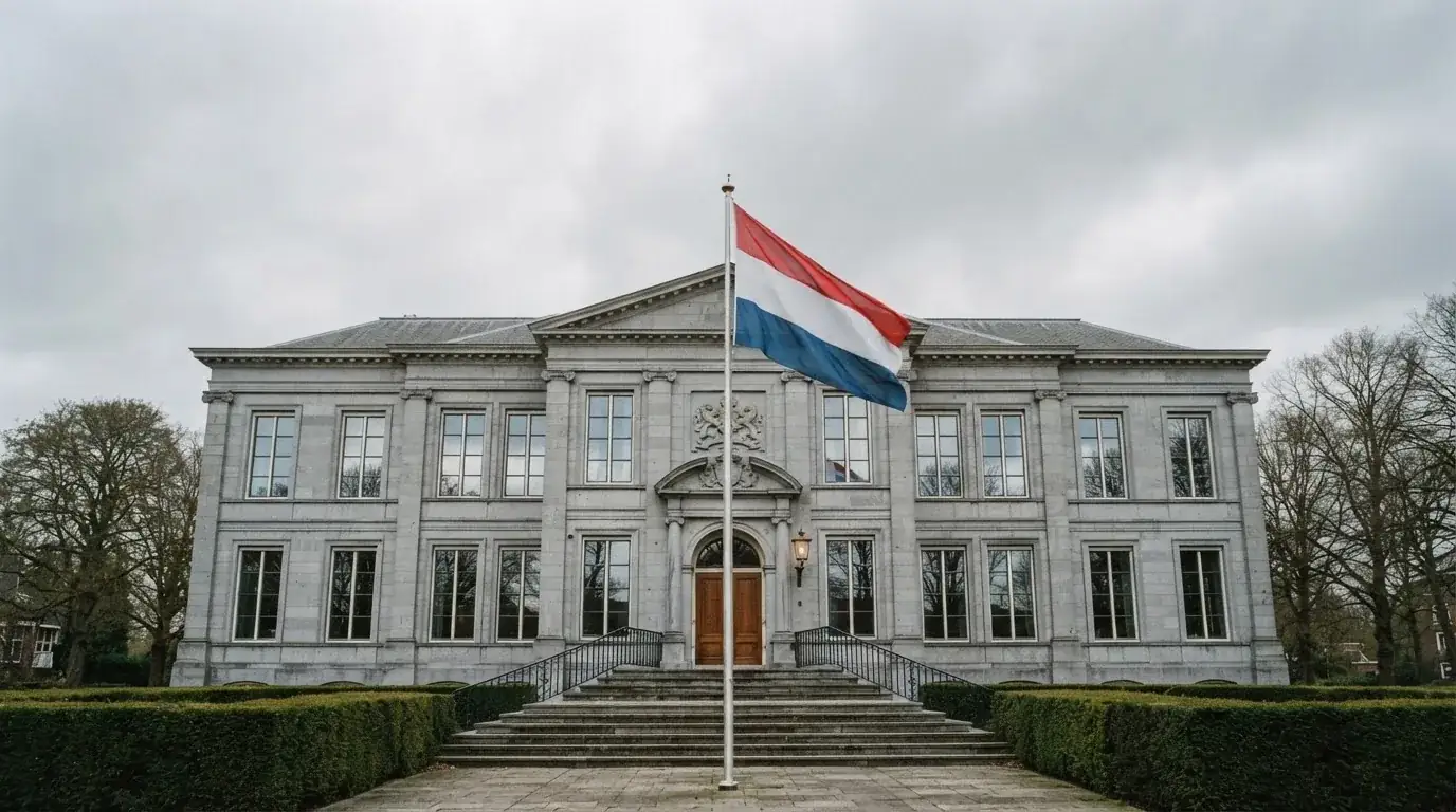 Een statig kantoorgebouw met een Nederlandse vlag ervoor onder een bewolkte hemel.