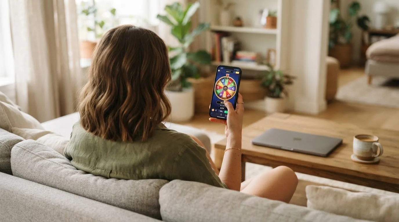 Een jonge vrouw zit ontspannen op de bank met een smartphone in haar hand, terwijl een laptop met onscherp scherm op de salontafel staat.
