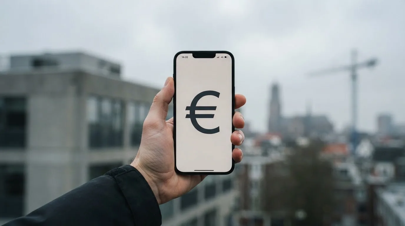 Een close-up van een hand die een smartphone vasthoudt buiten voor een grijs kantoorgebouw, met een wazige skyline van een Nederlandse stad op de achtergrond.