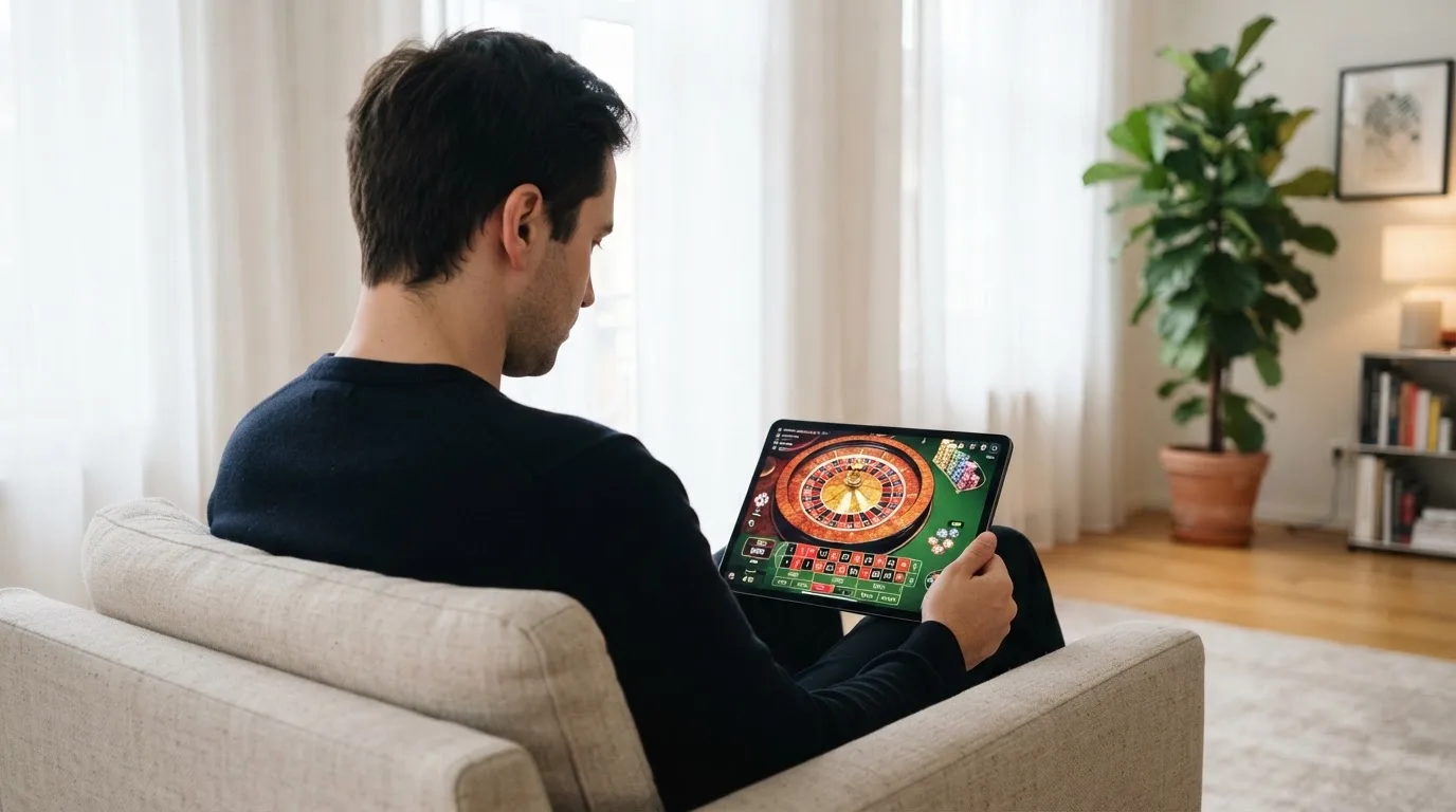Een man leunt achterover op een stoel met een tablet op schoot, in een lichte woonkamer met planten op de achtergrond.