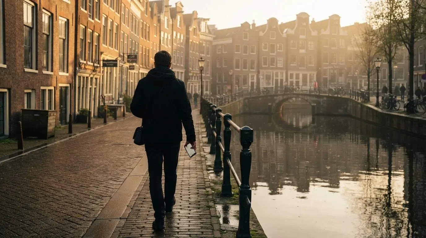 Een persoon loopt met een telefoon in de hand langs een grachtenpand in een Nederlandse stad, met wazige gevels op de achtergrond.