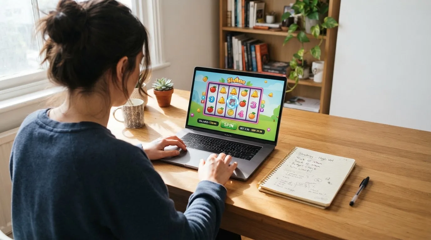 Een persoon zit aan een bureau thuis met een laptop en een notitieblok in daglicht.
