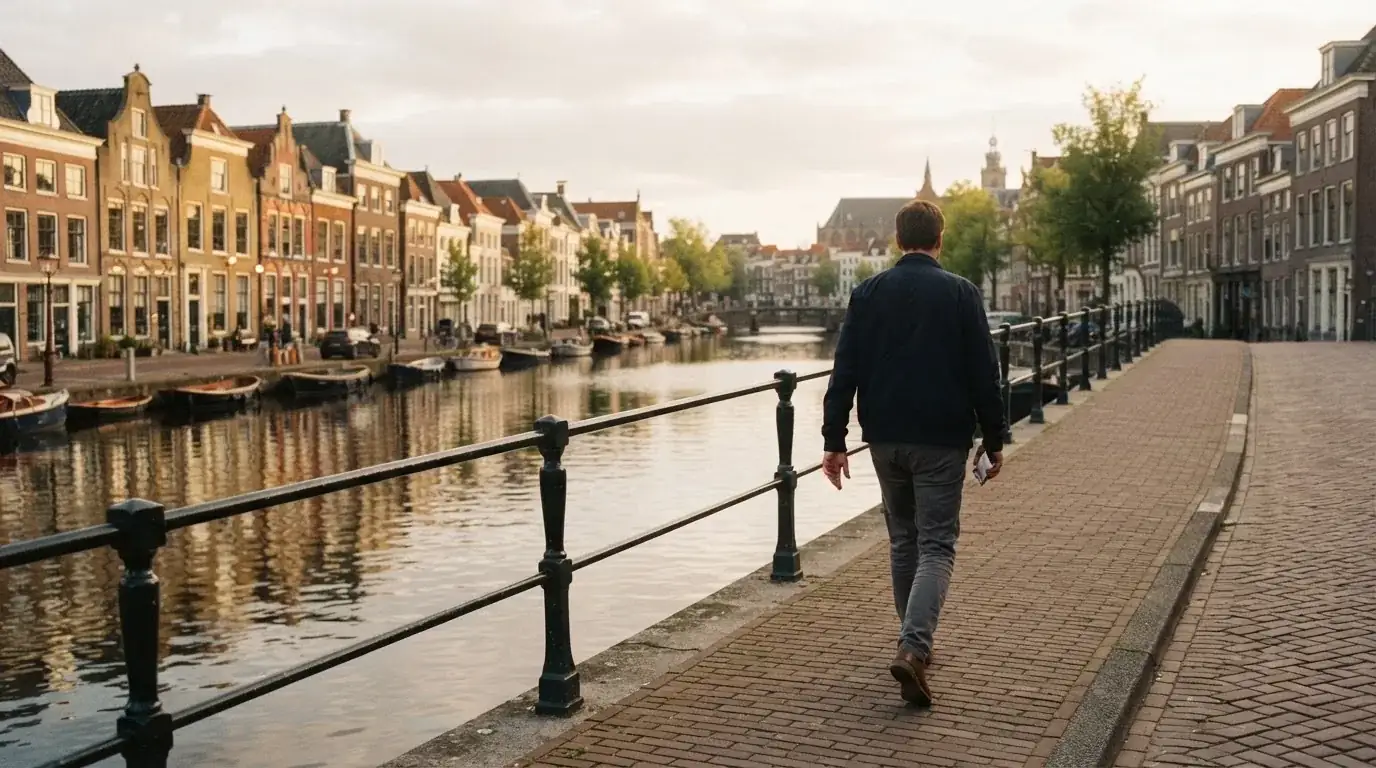 Een volwassene loopt over een brug in een Nederlandse stad met een telefoon in de hand.