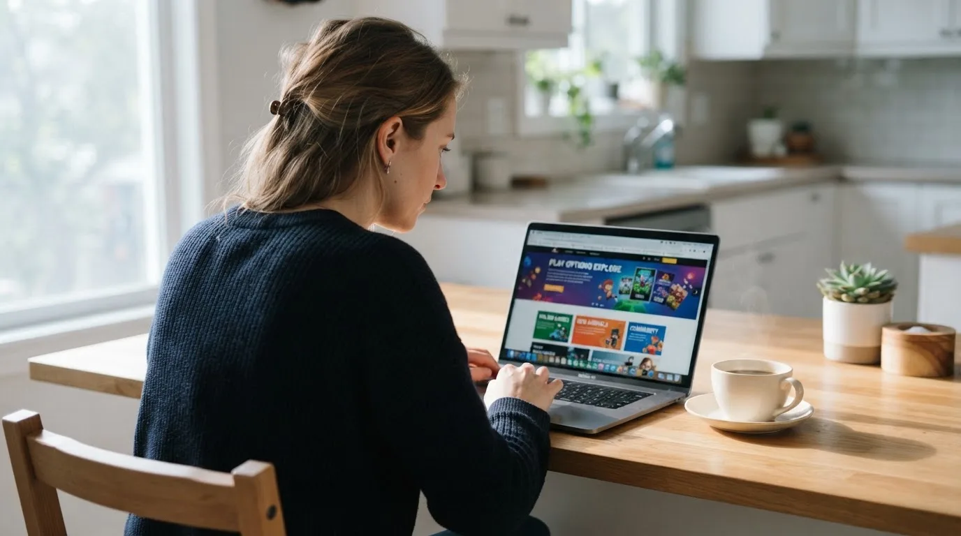 Een vrouw bekijkt rustig op haar laptop de opties voor online spelen aan de keukentafel, met een kopje koffie ernaast.