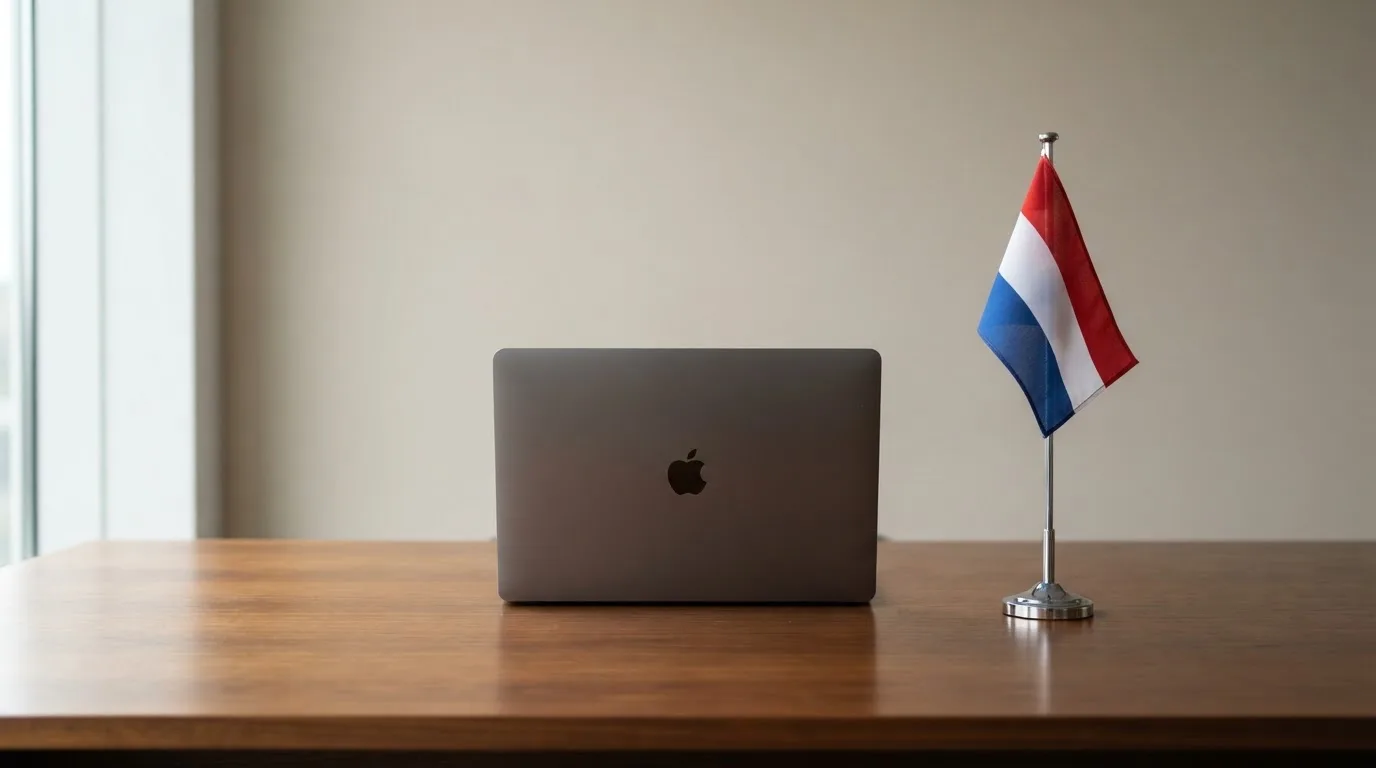 Een bureau met een Nederlandse vlag op een standaard naast een gesloten laptop, symbool voor regelgeving en toezicht op kansspelen.