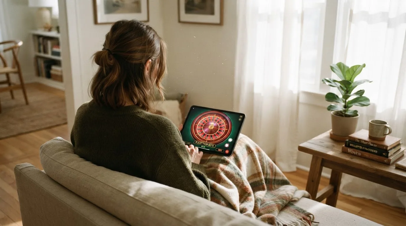 Iemand bekijkt ontspannen een tablet op de bank in een lichte woonkamer, met een plaid over de knieën.